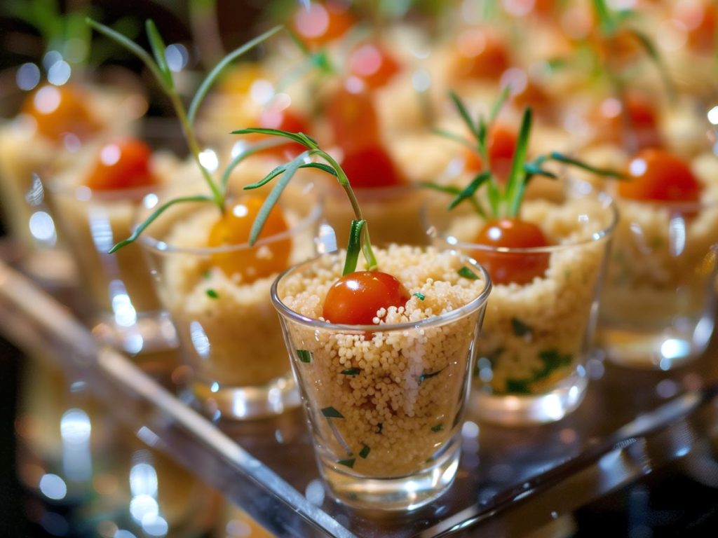 Kuskussalat angerichtet in kleinen Gläsern mit frischen Kräutern und einer Cocktailtomate
