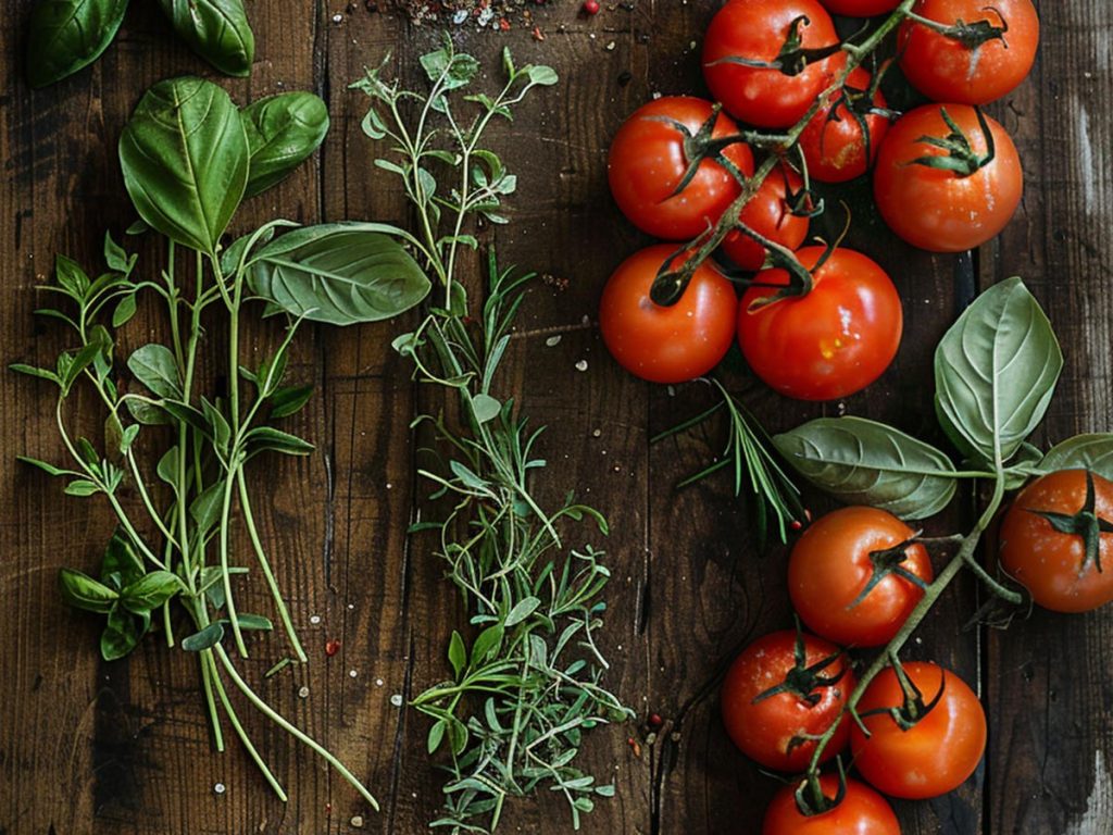 Knackige Tomaten zusammen mit frischen Kräutern auf einem Schneidebrett